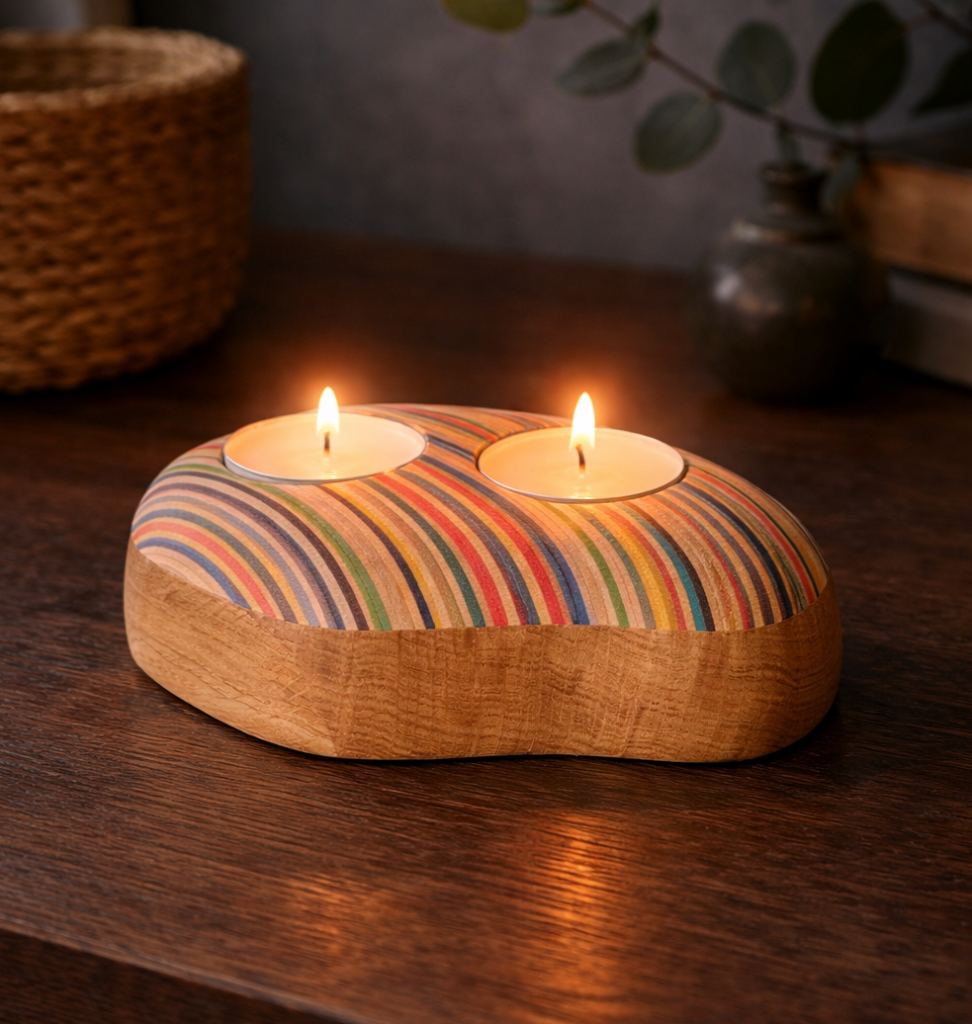 Bougeoir organique en bois et skateboard recyclé